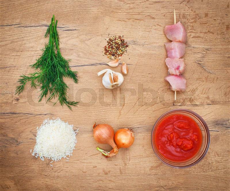Food ingredients on wooden tabletop. Top view, stock photo