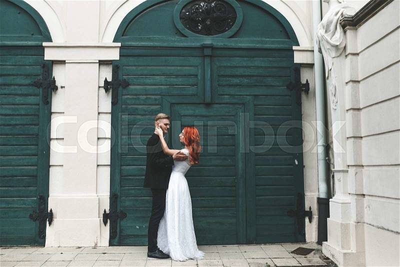 Wedding couple on a walk in the estate of the Belvedere in Vienna, stock photo