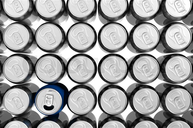 Blue soda can standing out of silver soda cans, stock photo