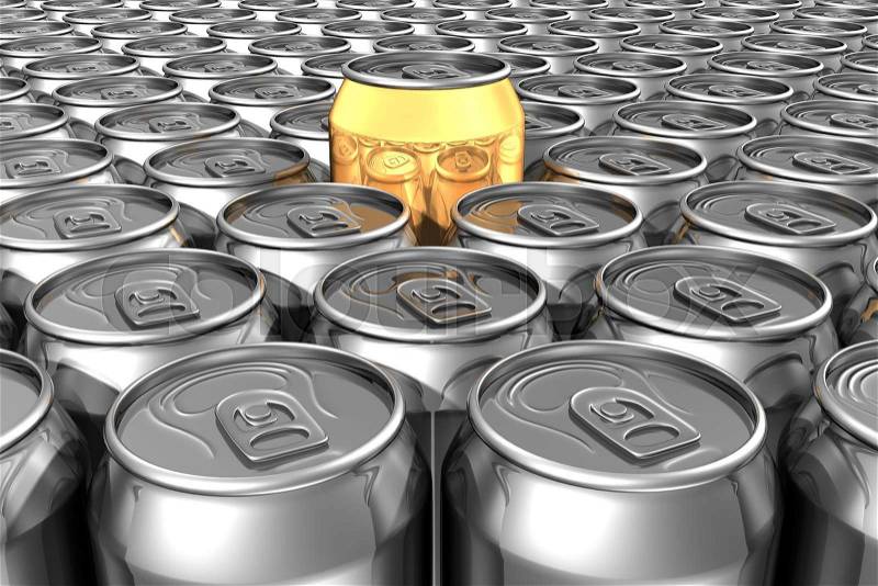 Gold soda can standing out of silver soda cans, stock photo
