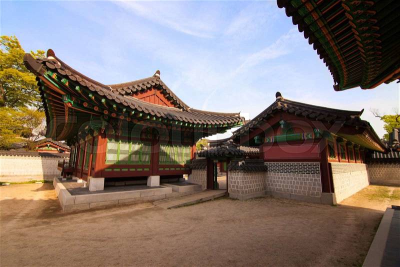 Korean style houses in Changdeokgung Palace in Seoul, Korea. Photo taken with wide angle lens, stock photo