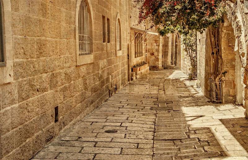 Ancient Alley in Jewish Quarter, Jerusalem. Israel. Photo in old color image style, stock photo