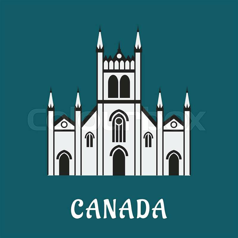 Canadian architecture landmark concept with gothic temple for travel or religious design, vector