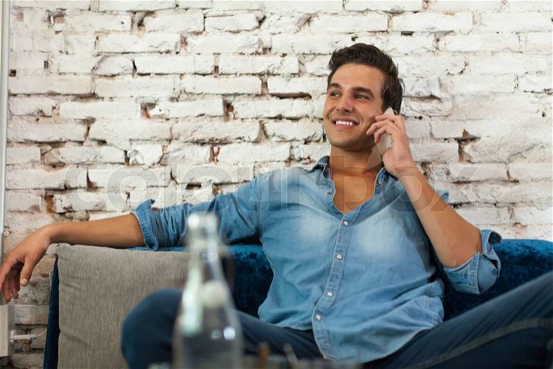 Man Phone Call Smile, Communication Sitting at Cafe, stock photo