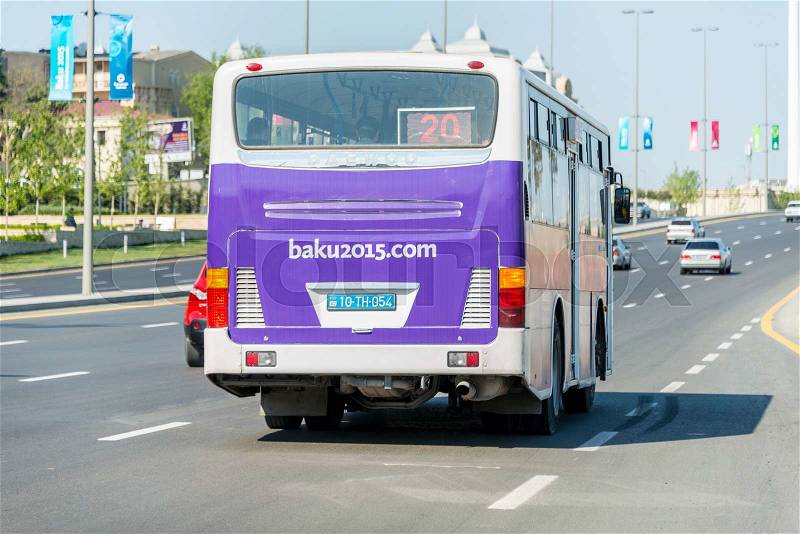 BAKU - MAY 10, 2015: Poster at back of the bus on May 10 in BAKU, Azerbaijan. Baku Azerbaijan will host the first European Games, stock photo