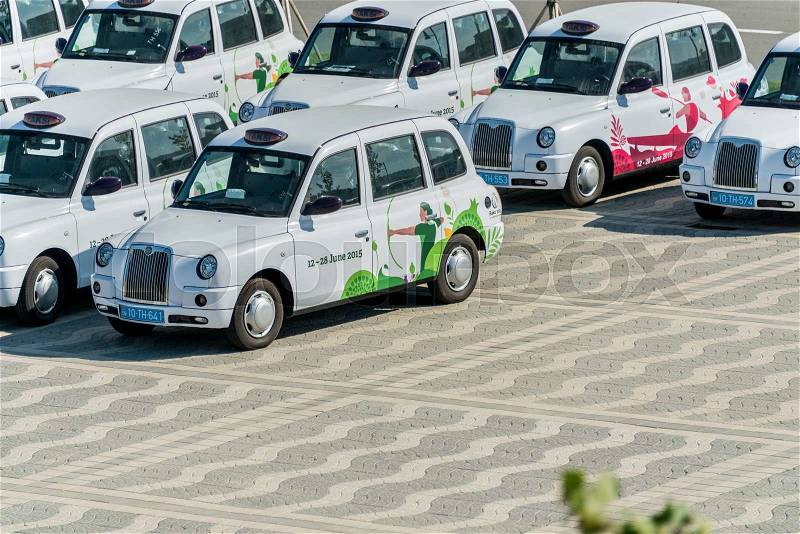 BAKU - MAY 10, 2015: London Cabs on May 10 in BAKU, Azerbaijan. London Cabs were brought to Baku to support the first European Games, stock photo