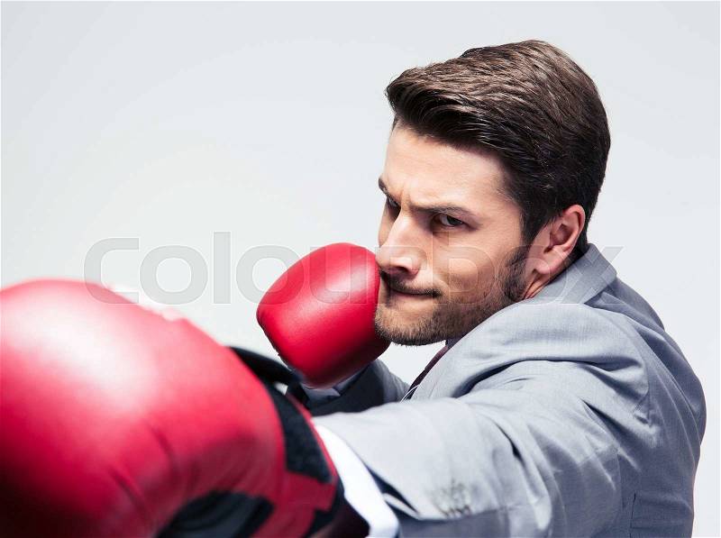 Businessman in boxing gloves hitting at camera over gray background, stock photo