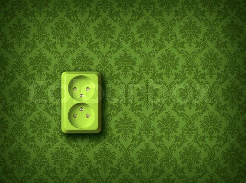 Green socket on green wall, renewable eco energy concept, stock photo
