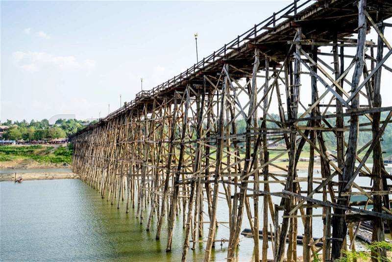 The old wooden bridge Bridge at sangklaburi, kanchanaburi, thailand, stock photo