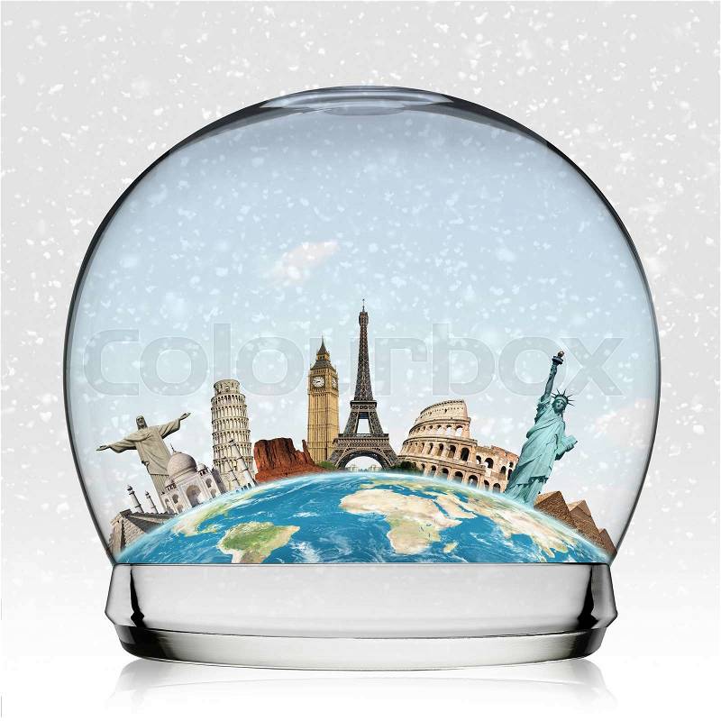 Illustration of famous monuments of the world aligned in a snowball, stock photo
