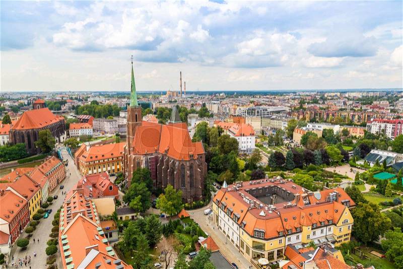Aerial view of Wroclaw in summer day from Cathedral St. John in Poland, stock photo