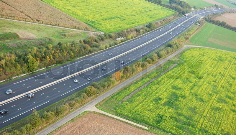 Aerial view of the A10 motorway in Ile-de-France, France, stock photo