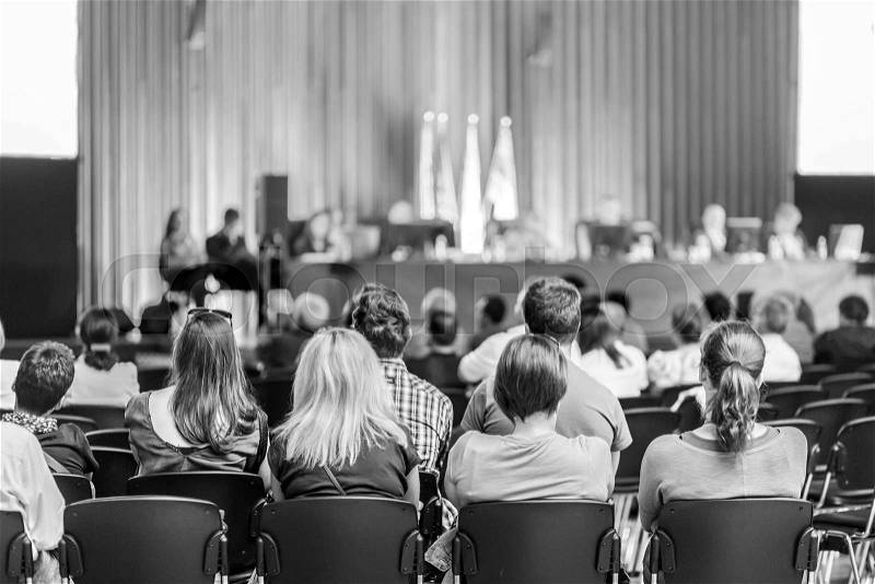 Trade union advisory committee meeting . Audience at the conference hall. Black and white shot, stock photo