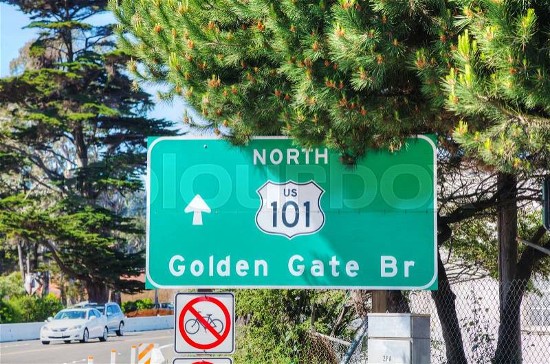 Golden Gate bridge sign in San Francisco on a sunny day, stock photo