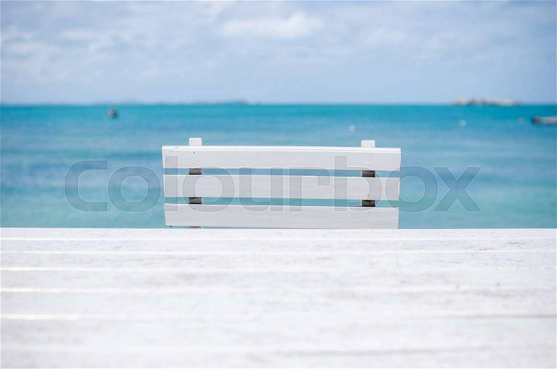 Wood dock White chair and table in Koh Samet Thailand, stock photo