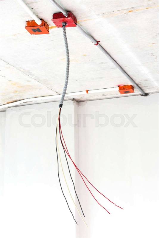 Close up electrical distribution system installation in new building, stock photo