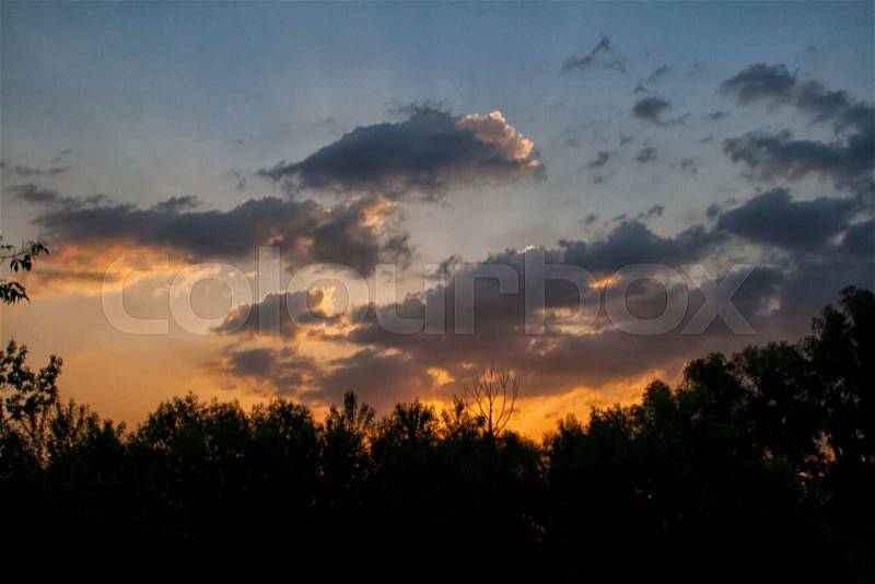 Sky Bright Blue Orange And Yellow Colors Sunset, stock photo