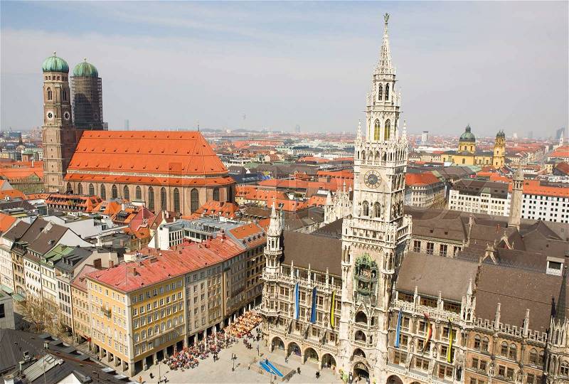 Aerial view of Munchen (Bavaria, Germany) with the New Town Hall and Frauenkirche, stock photo