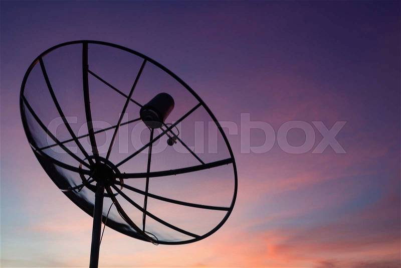 Satellite dish at sky sunset communication technology network, stock photo