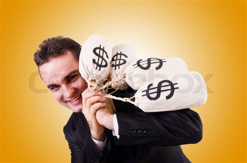 Man with money sacks against the gradient, stock photo