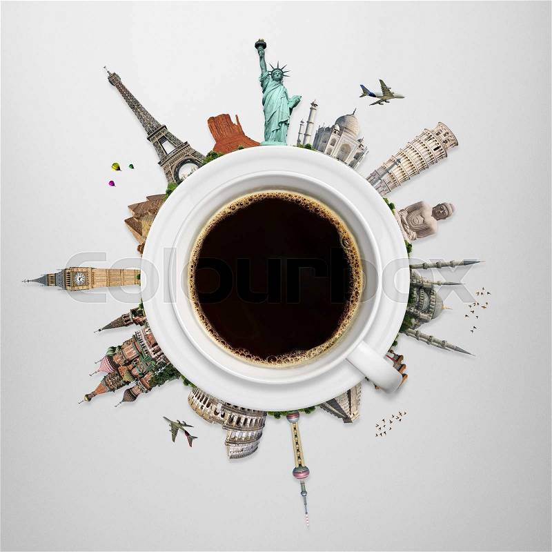 Famous monuments of the world surrounding a cup of coffee, stock photo
