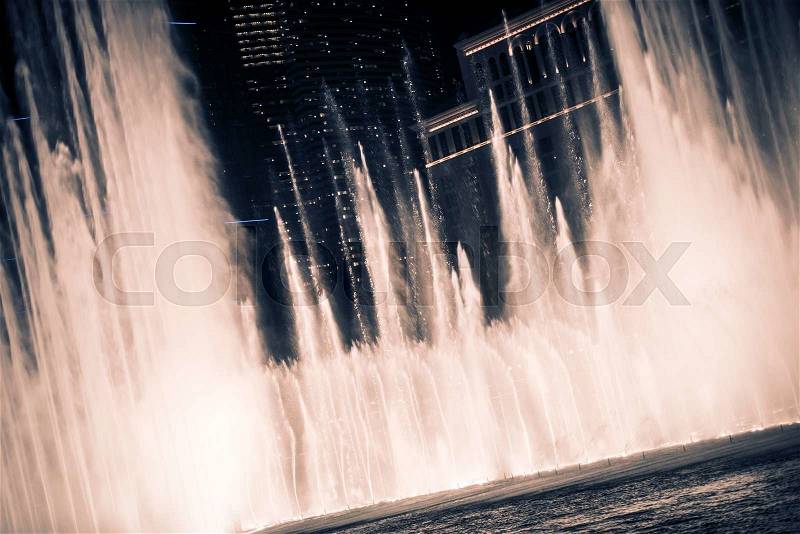 Blowing Las Vegas Fountains at Night. Las Vegas, Nevada, United States, stock photo