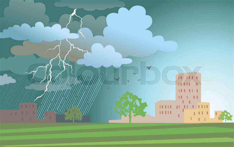Dramatic landscape with approaching a storm and a rain on a urban buildings, vector