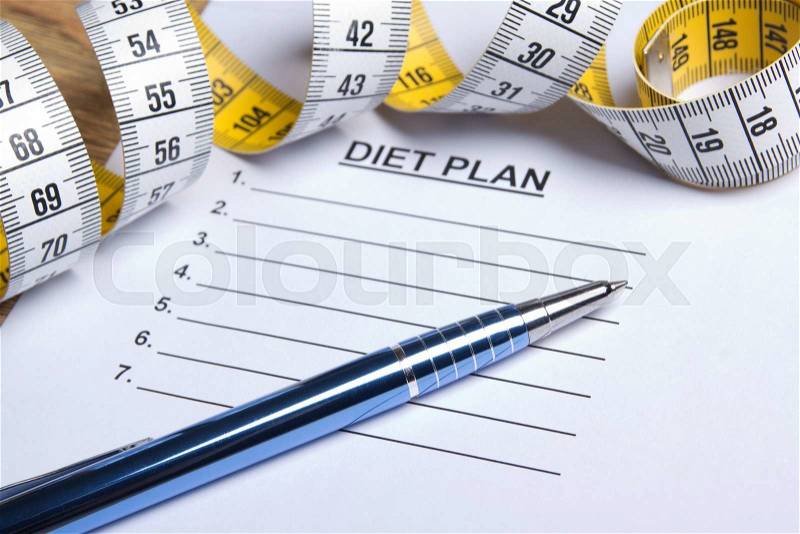 Paper with diet plan, pen and yellow measure tape, stock photo