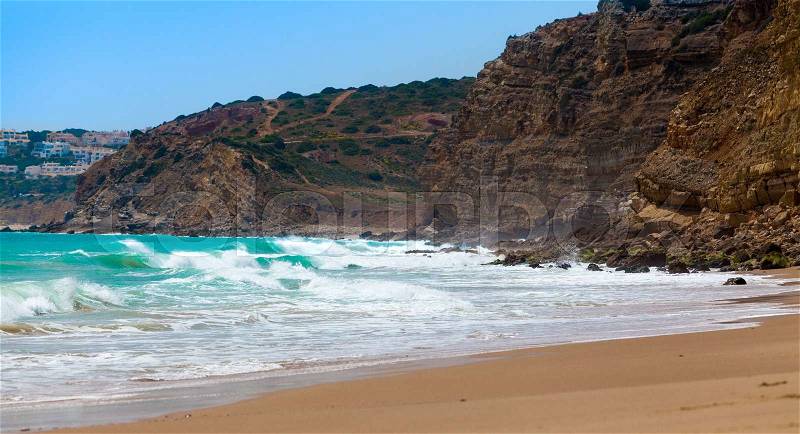 Algarve, Portugal, Europe. Atlantic coast. ocean waves of Atlantic Ocean, stock photo