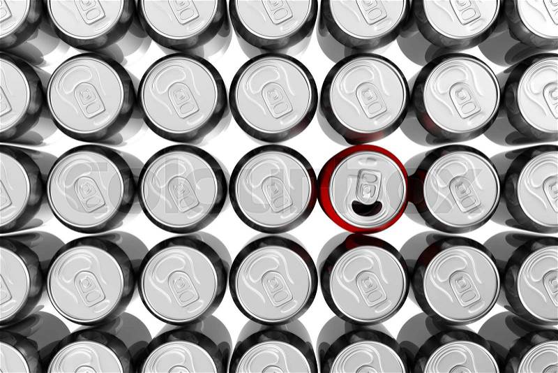 Red soda can standing out of silver soda cans, stock photo