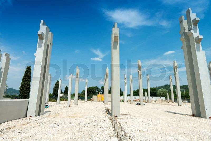 Reinforced concrete piles of the new building:, stock photo