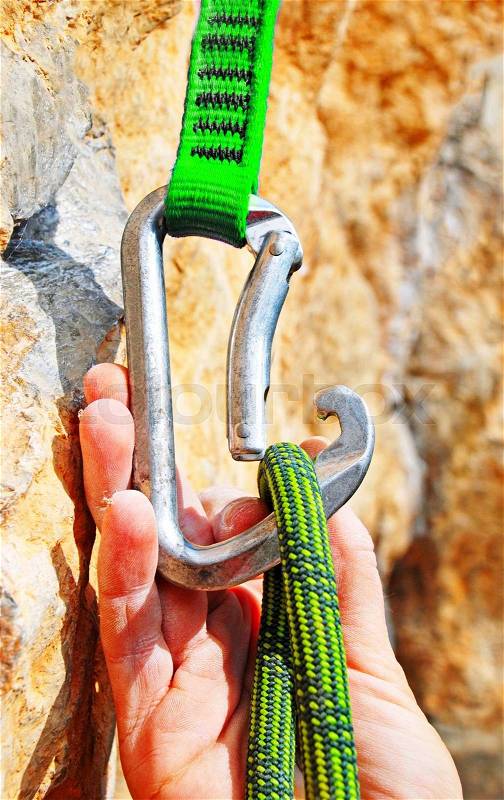 Climbing equipment - rope, carabiner, stock photo