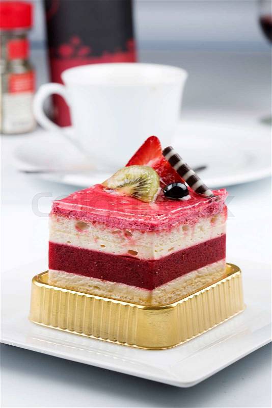 Strawberry Mousse Cake on the white Plate, stock photo