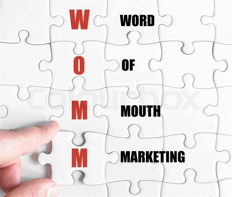 Hand of a business man completing the puzzle with the last missing piece.Concept image of Business Acronym WOMM as Word Of Mouth Marketing, stock photo