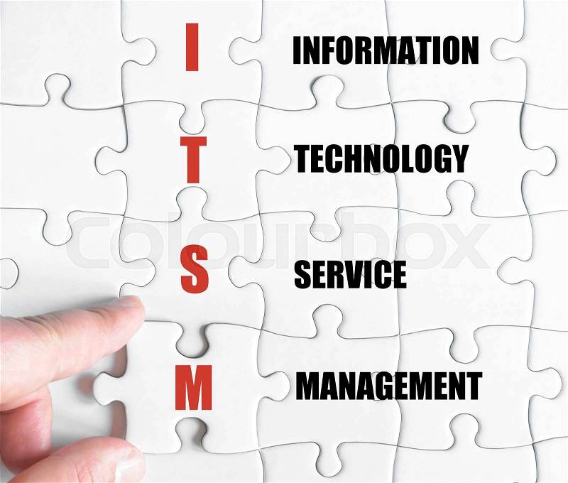Hand of a business man completing the puzzle with the last missing piece.Concept image of Business Acronym ITSM as Information Technology Service Management, stock photo
