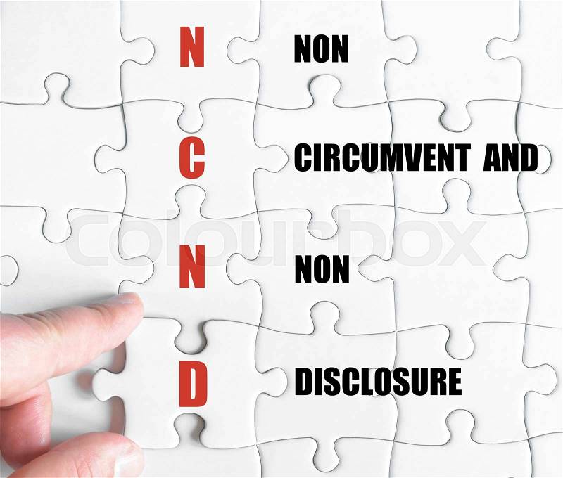 Hand of a business man completing the puzzle with the last missing piece.Concept image of Business Acronym NCND as Non Circumvent And Non Disclosure, stock photo