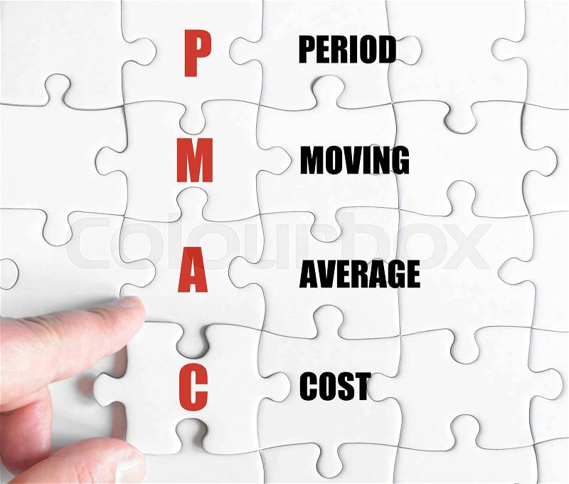 Hand of a business man completing the puzzle with the last missing piece.Concept image of Business Acronym PMAC as Period Moving Average Cost, stock photo