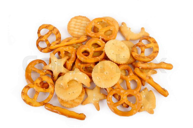 Salty cracker and pretzel on background, stock photo