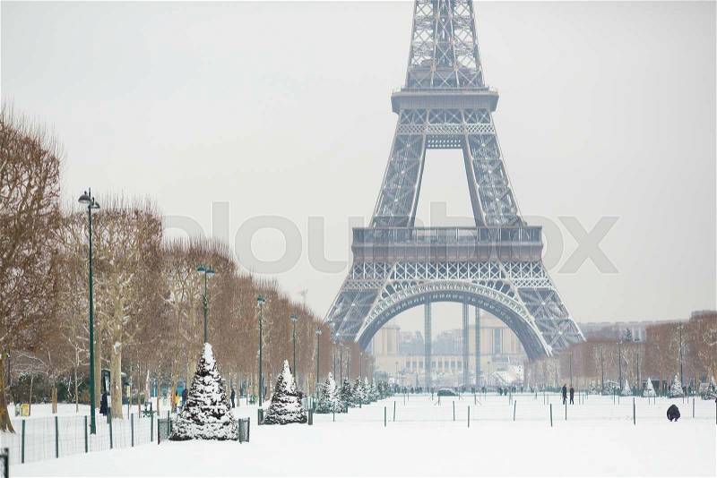 Snowy day in Paris, France, stock photo