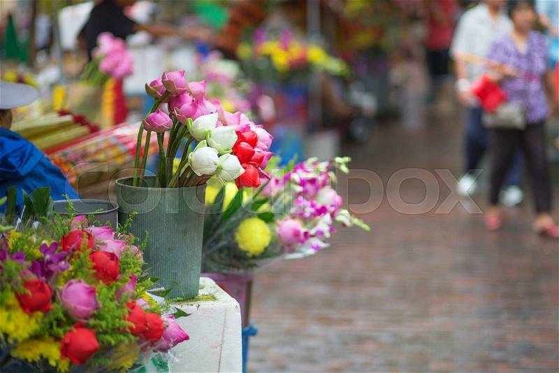 Bunches of lotus flowers for religious offerings, Waterloo street, Singapore, stock photo