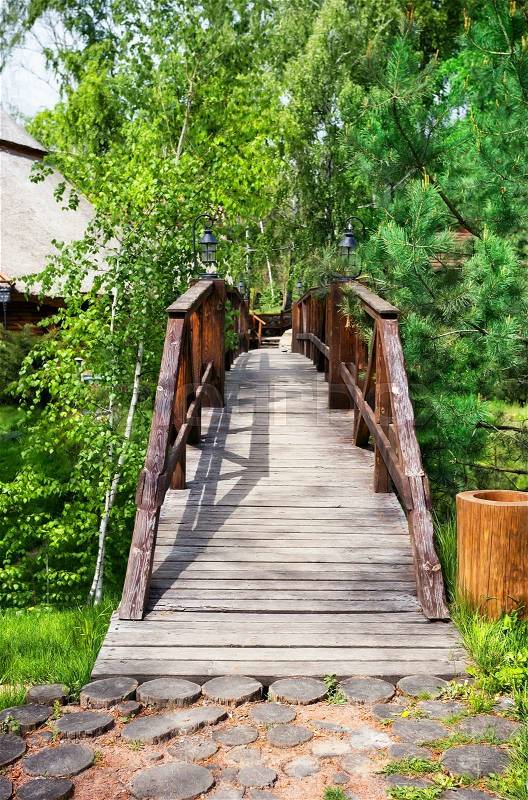 Wooden bridge over the ravine among the trees and pines, stock photo