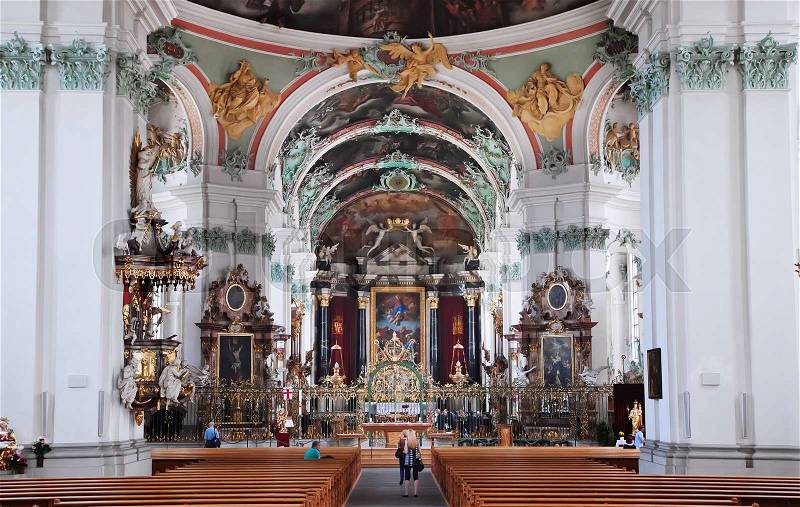 St. Gallen cathedral interior. Swiss landmark, listed on Unesco World Heritage List, stock photo