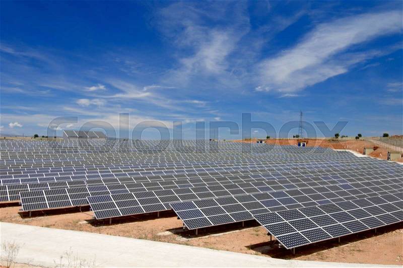 View of a huge solar field for renewable electric energy production, Soria, Spain, stock photo