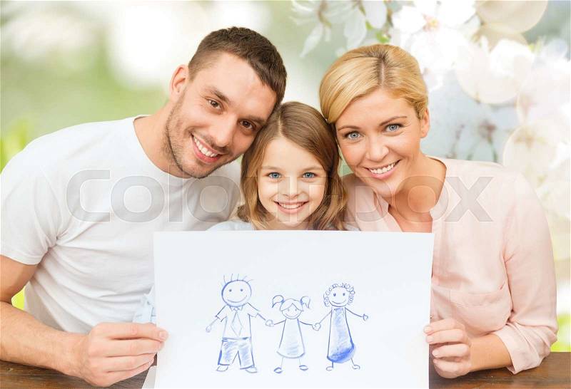 People, happiness, adoption and childhood concept - happy family with drawing or picture over green cherry blossom background, stock photo