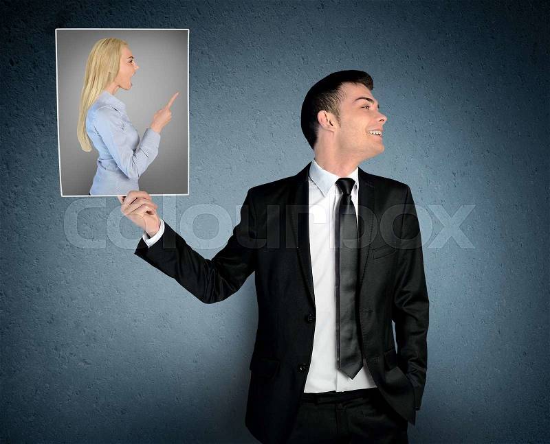 Man laugh with empty paper board, stock photo