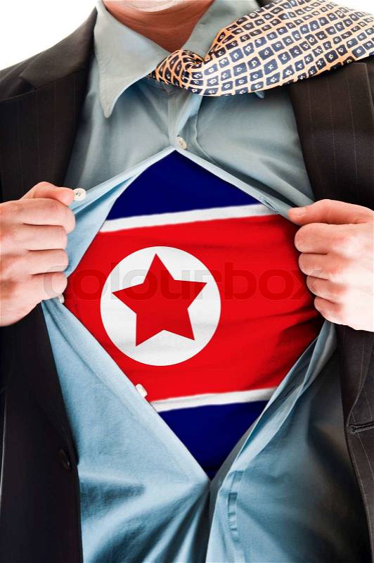Business man showing North Korea flag shirt, stock photo