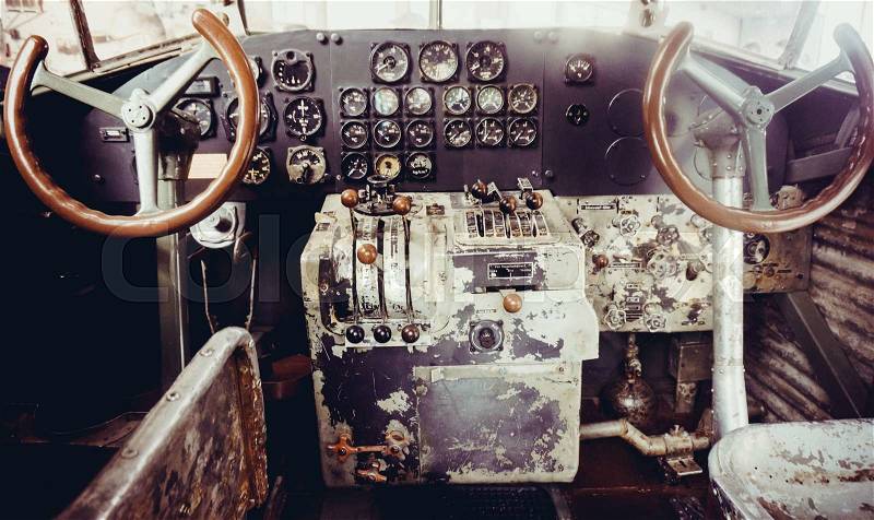 Plane cockpit. old aircraft interior, stock photo