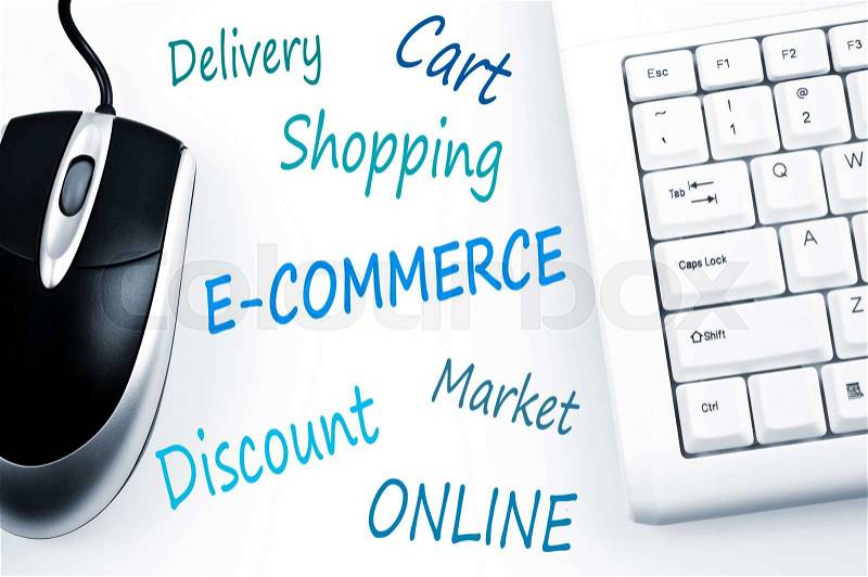 E-commerce word scheme and computer keyboard, stock photo