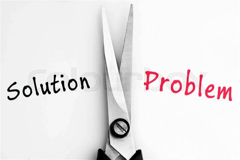 Solution and Problem words with scissors in middle, stock photo