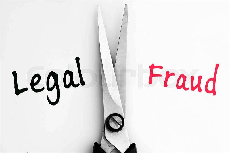 Legal and Fraud words with scissors in middle, stock photo